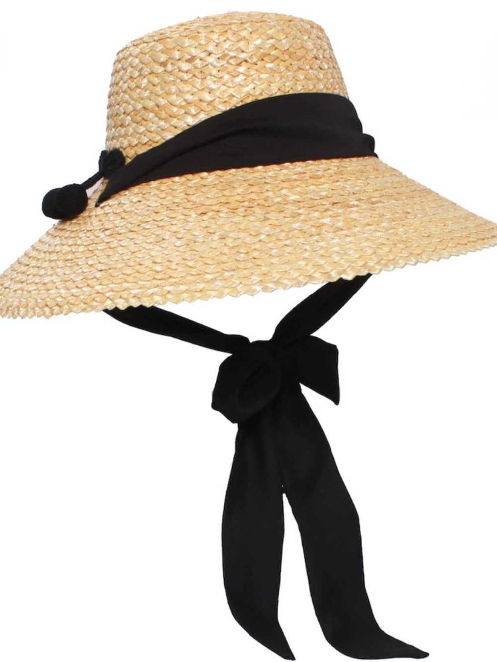 Wide Brim Straw Sun Hat with Black Ribbon Tie - Women's Beach Hat